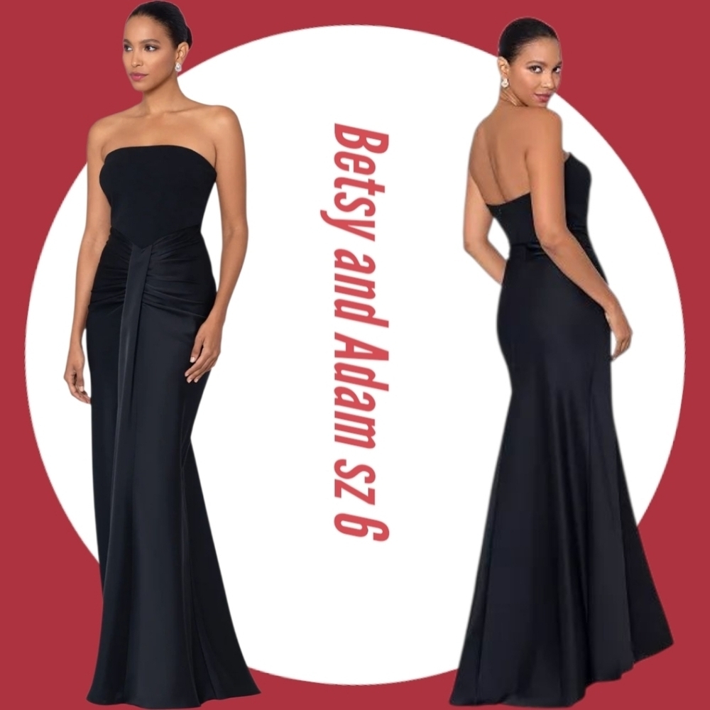 Betsy & Adam Black Strapless Ruched Satin Gown Maxi Dress Size 6 - Picture 4 of 12
